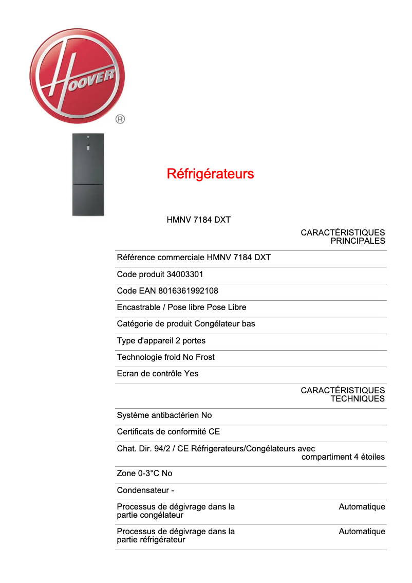 Page n°1 - Fiche technique Hoover HMNV 7184 DXT