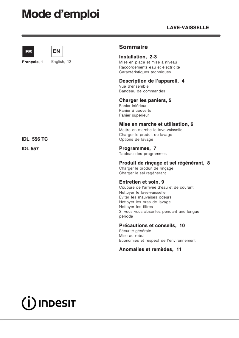 Page 1 de la notice Manuel utilisateur Indesit IDL 557 S FR.2