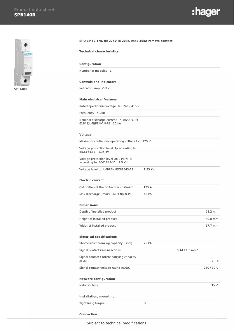 Page n°1 - Fiche technique Hager SPB140R