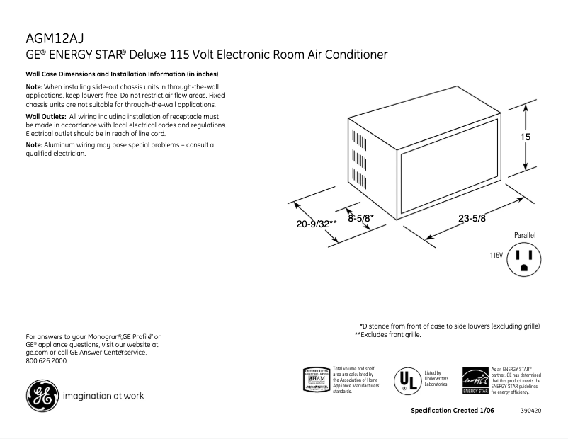 Page n°1 - Fiche technique GE AGM12AJ