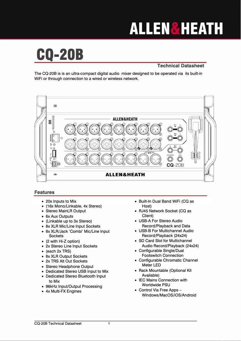 Page 1 de la notice Fiche technique Allen & Heath CQ-20B