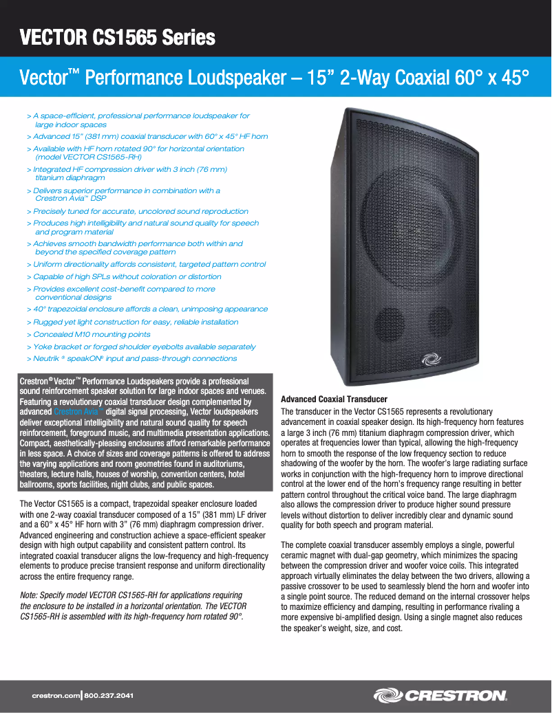 Page n°1 - Manuel utilisateur Crestron Vector CS1565-RH