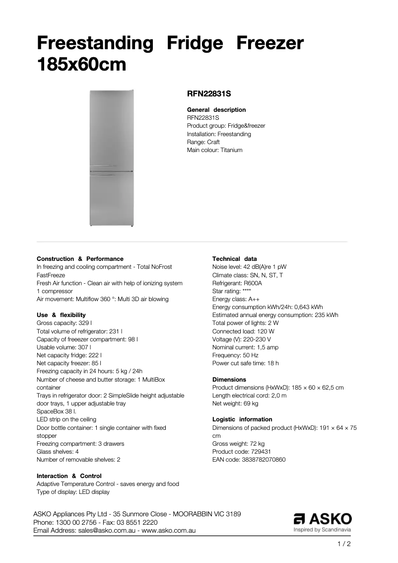 Page n°1 - Fiche technique Asko RFN22831S
