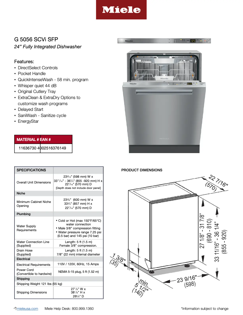 Page 1 de la notice Fiche technique Miele G 5056 SCVi SFP