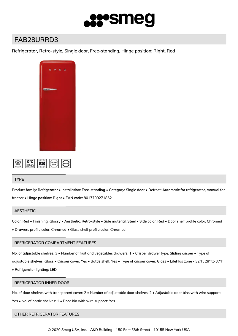 Page n°1 - Fiche technique Smeg FAB28URRD3