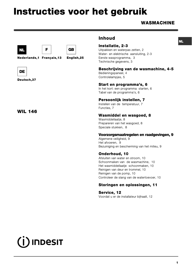 Page 1 de la notice Manuel utilisateur Indesit WIL 146