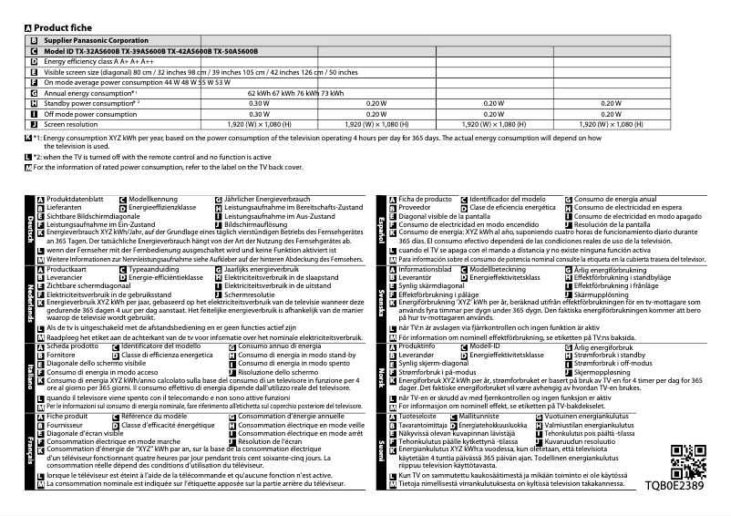 Page 1 de la notice Fiche technique Panasonic Viera TC-39AS600B