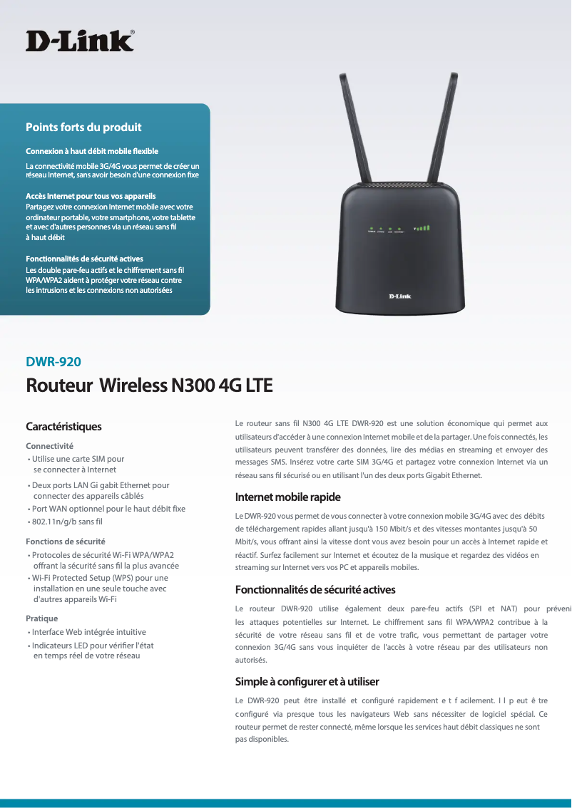 Page 1 de la notice Fiche technique D-Link DWR-920