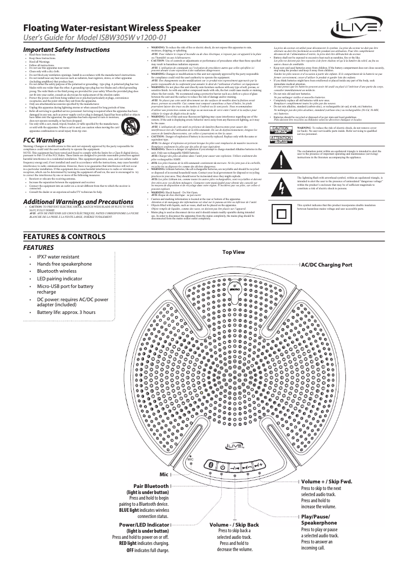 Page 1 de la notice Manuel utilisateur iLive ISBW305W