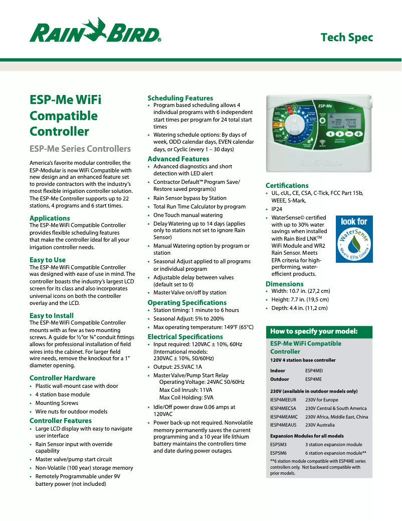 Página 1 del manual Ficha técnica Rain Bird ESP-Me