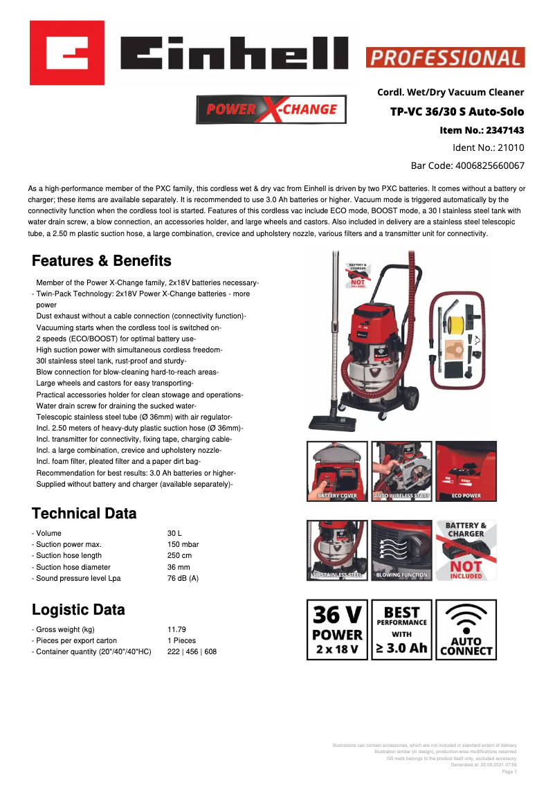 Page n°1 - Fiche technique Einhell TP-VC 36/30 S Auto