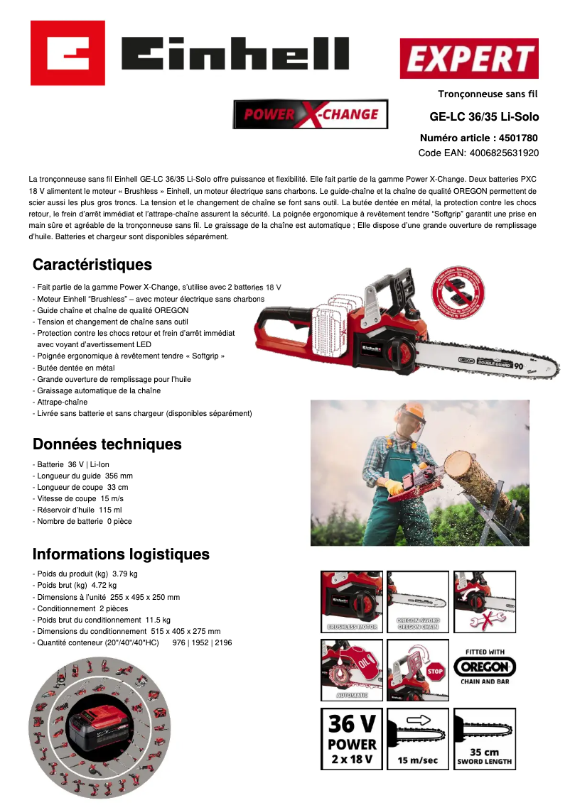 Page 1 de la notice Fiche technique Einhell GE-LC 36/35 Li