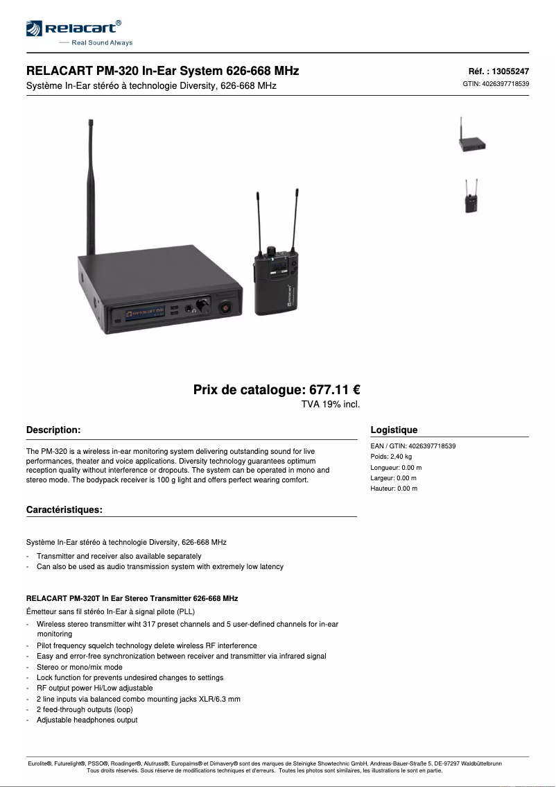 Page 1 de la notice Fiche technique Relacart PM-320
