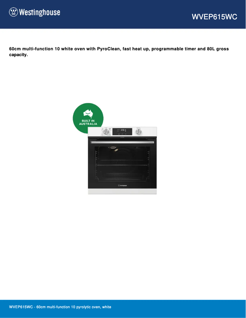 Page 1 de la notice Fiche technique Westinghouse WVEP615WC