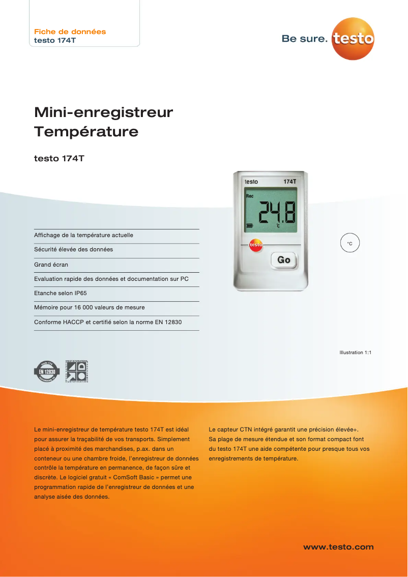 Page 1 de la notice Fiche technique Testo 174T