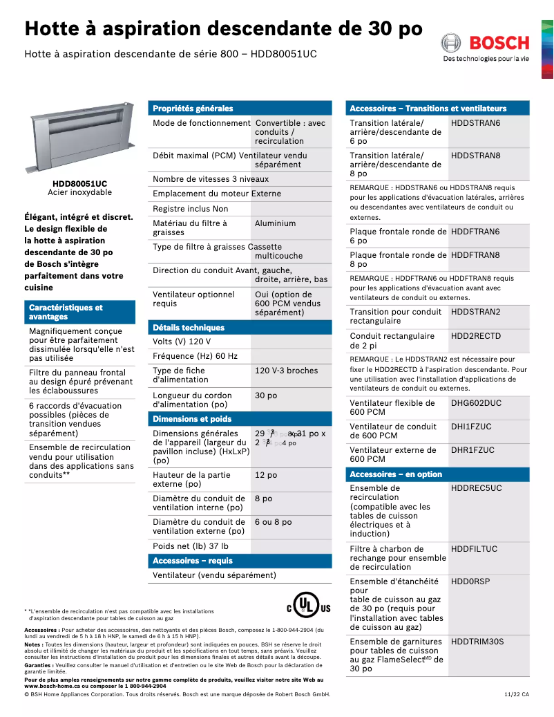 Page 1 de la notice Fiche technique Bosch HDD80051UC