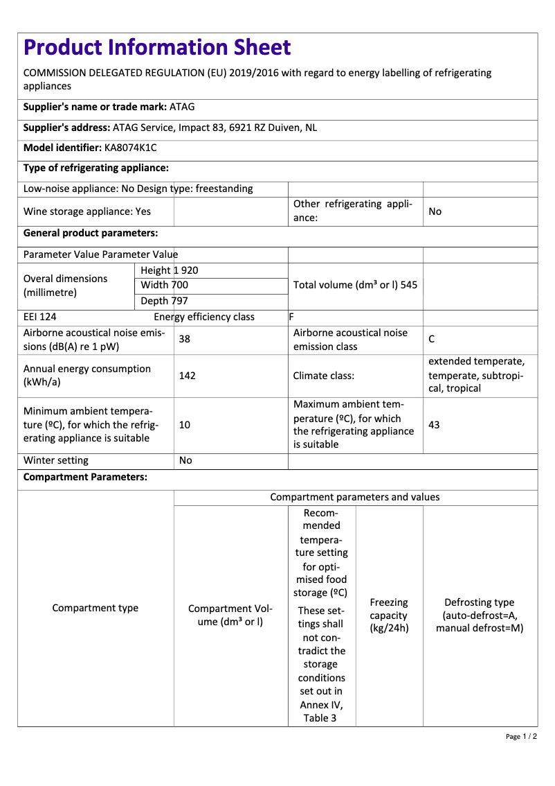 Page n°1 - Fiche technique Atag KA8074K1C