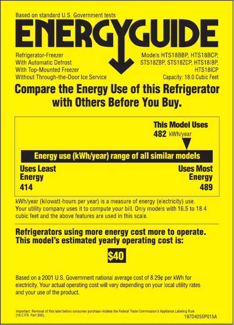 Page n°1 - Label énergétique Hotpoint HTS18ICPWW