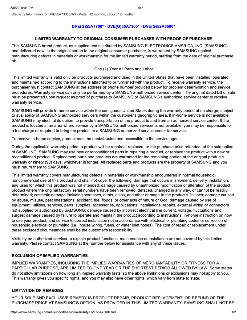 Page 1 de la notice Informations de garantie Samsung DVE55A7300E