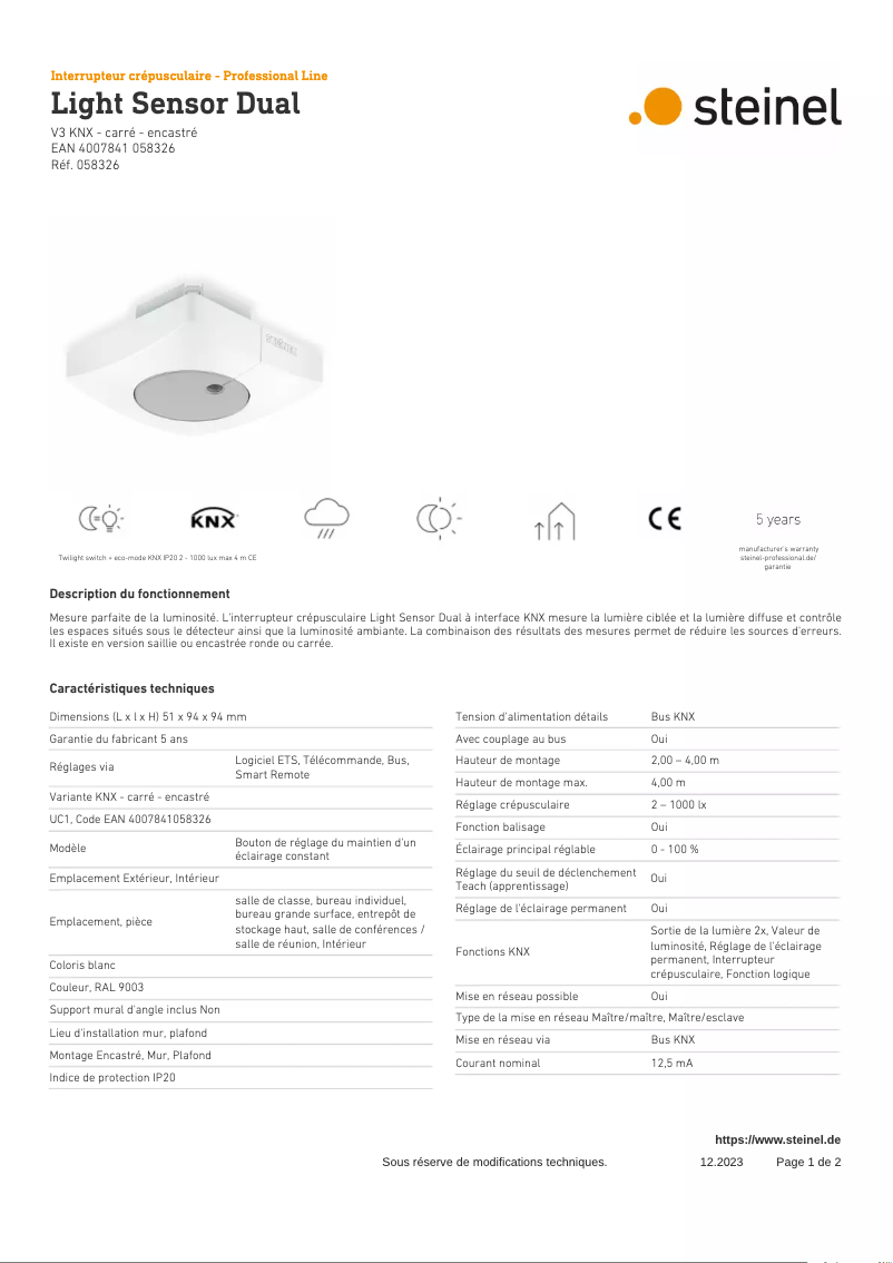 Image de la première page du manuel de l'appareil Light Sensor Dual KNX