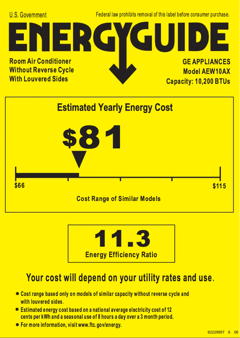 Page 1 de la notice Label énergétique GE AEW10AX