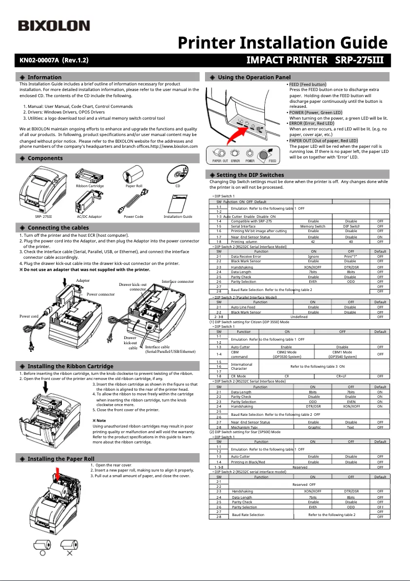 Page 1 de la notice Guide d'installation Bixolon SRP-275III