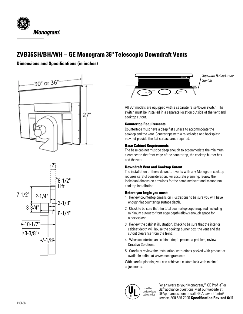 Page 1 de la notice Fiche technique GE ZVB36SHSS