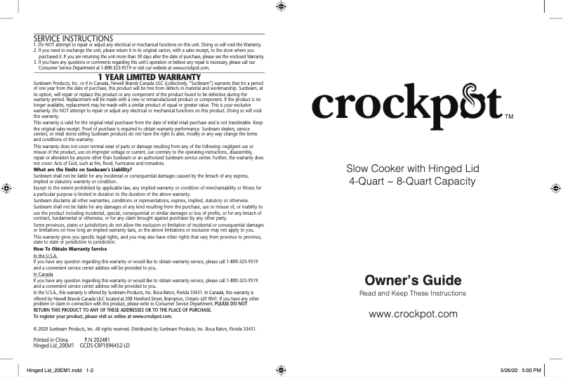 Page 1 de la notice Manuel utilisateur Crock-Pot CPSCVO45HL-BP