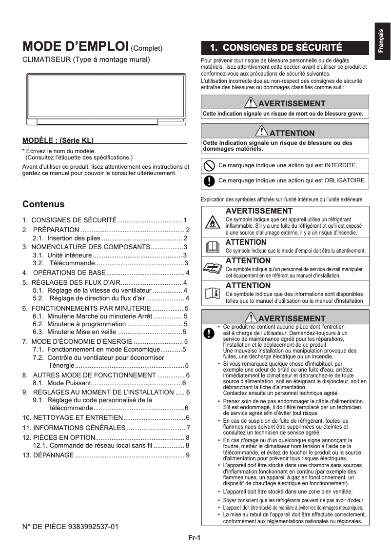 Page 1 de la notice Manuel utilisateur Fujitsu ASHH07KLTA