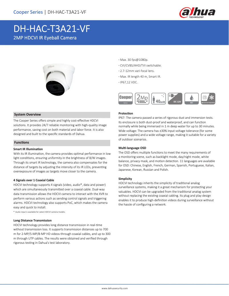 Page n°1 - Fiche technique Dahua Technology HAC-T3A21-VF
