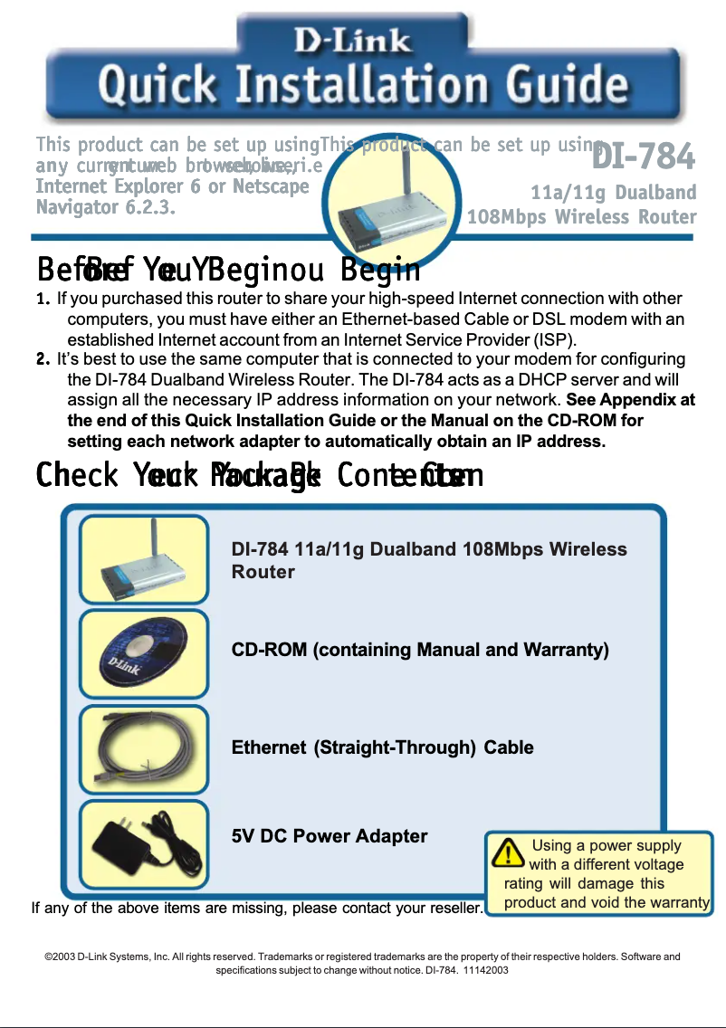 Page 1 de la notice Guide d'installation D-Link Air Premier AG DI-784