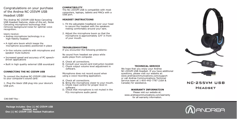 Page 1 de la notice Manuel utilisateur Andrea NC-255VM