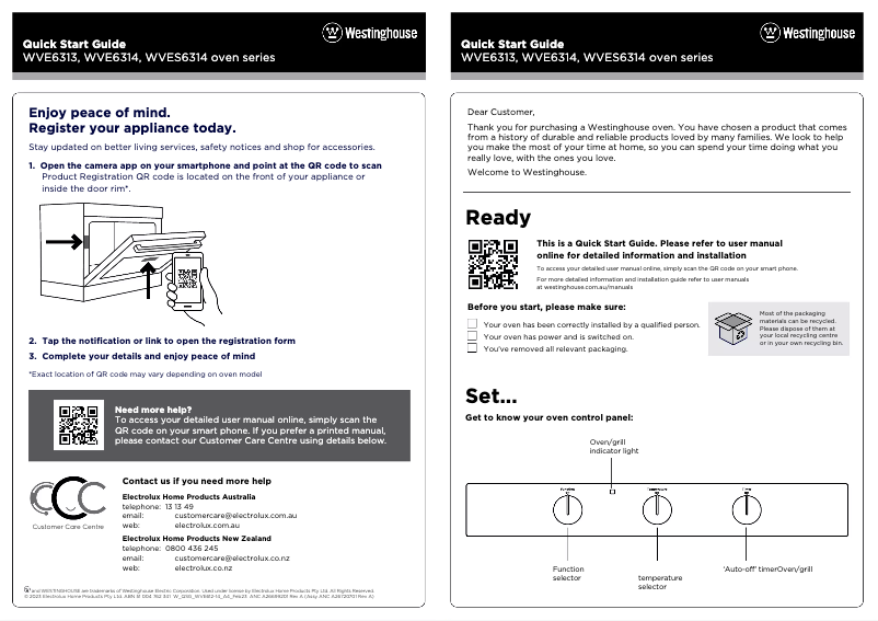 Page n°1 - Guide de démarrage rapide Westinghouse WVE6313WDA