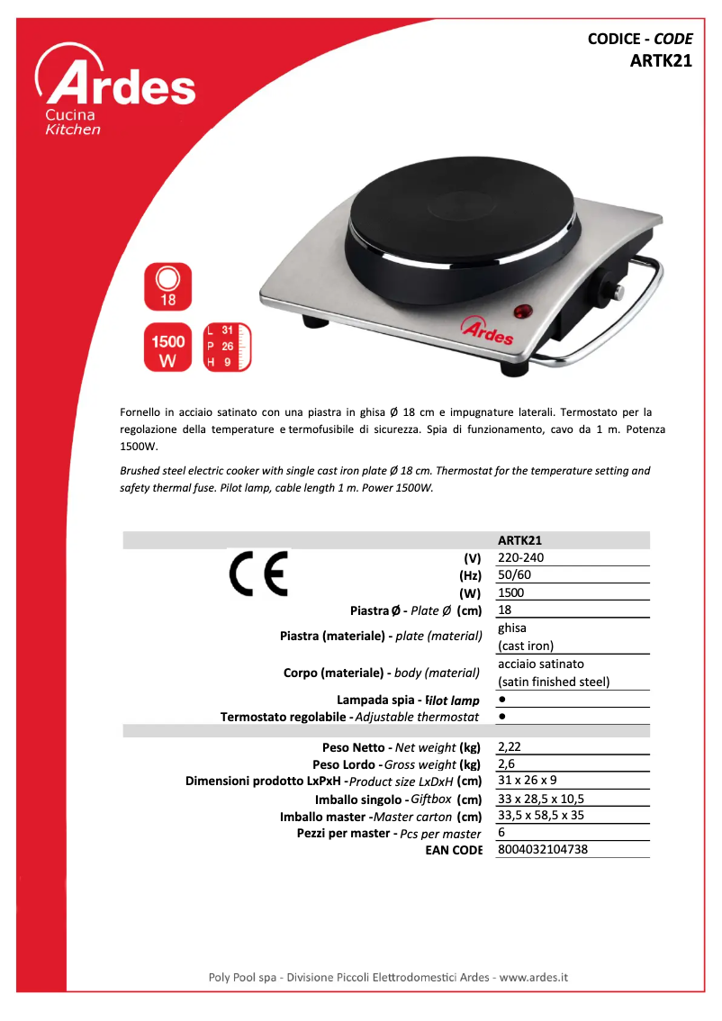 Página 1 del manual Ficha técnica Ardes ARTK21