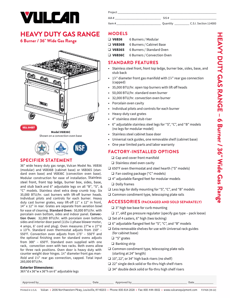 Page 1 de la notice Fiche technique Vulcan V6B36C