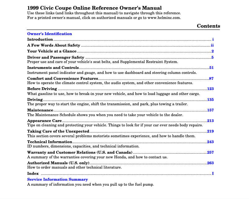 Página 1 del manual Manual de usuario Honda Civic Coupe (1999)