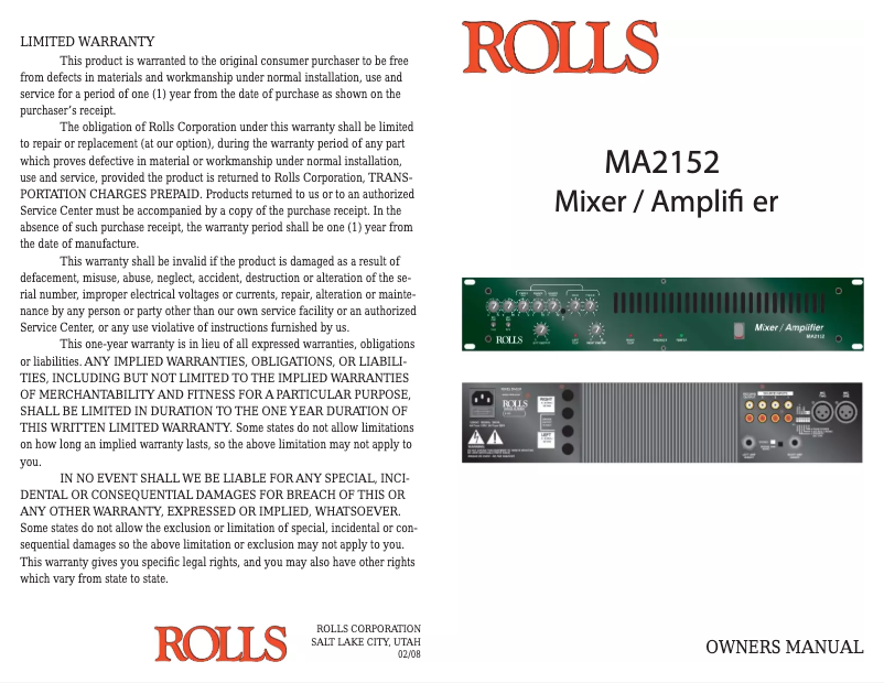 Page n°1 - Manuel utilisateur Rolls MA2152