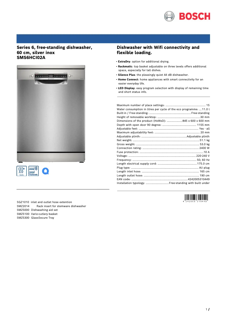Page n°1 - Fiche technique Bosch SMS6HCI02A