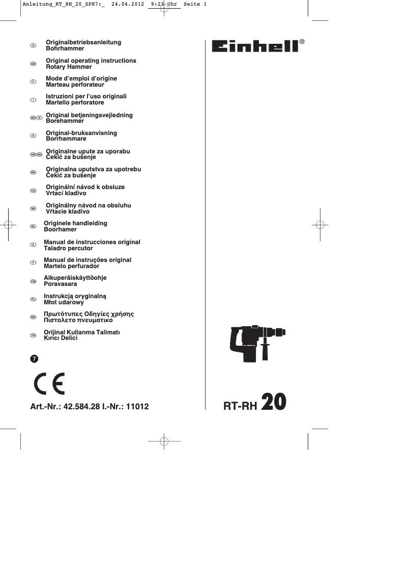 Page 1 de la notice Mode d'emploi Einhell RT-RH 20 Kit