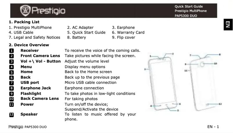 Page 1 de la notice Guide de démarrage rapide Prestigio MultiPhone 5300 Duo