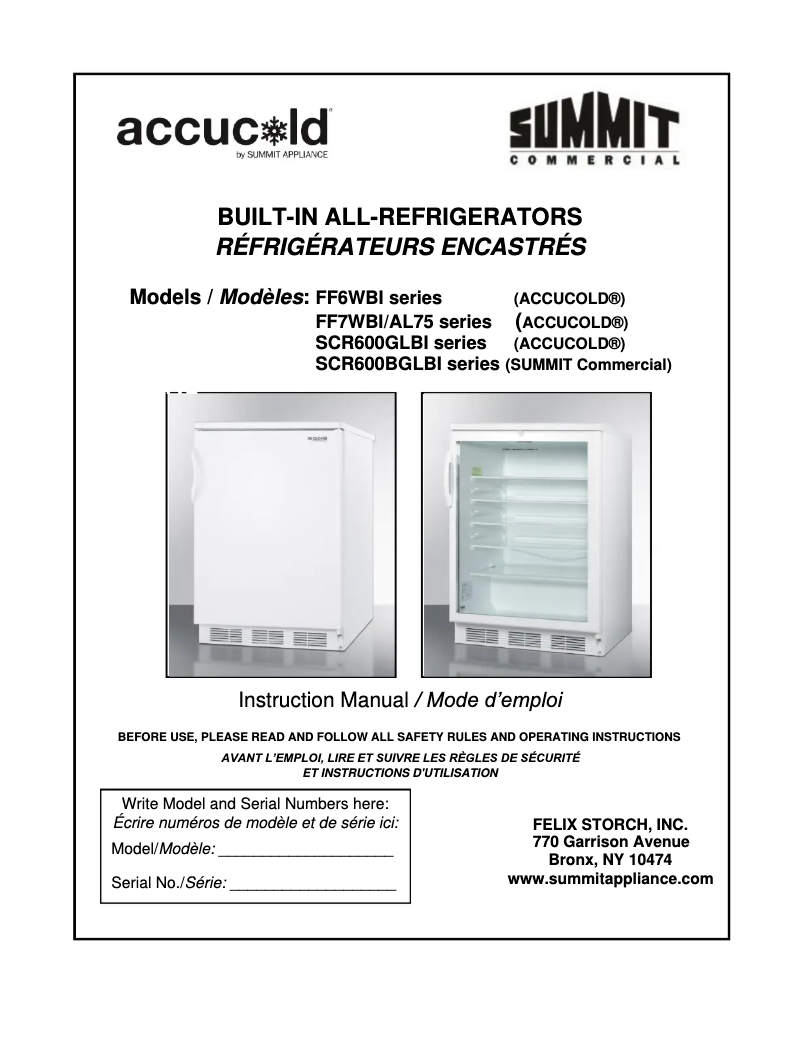Page n°1 - Manuel d'utilisation et d'entretien Summit FF7BKCSSADA
