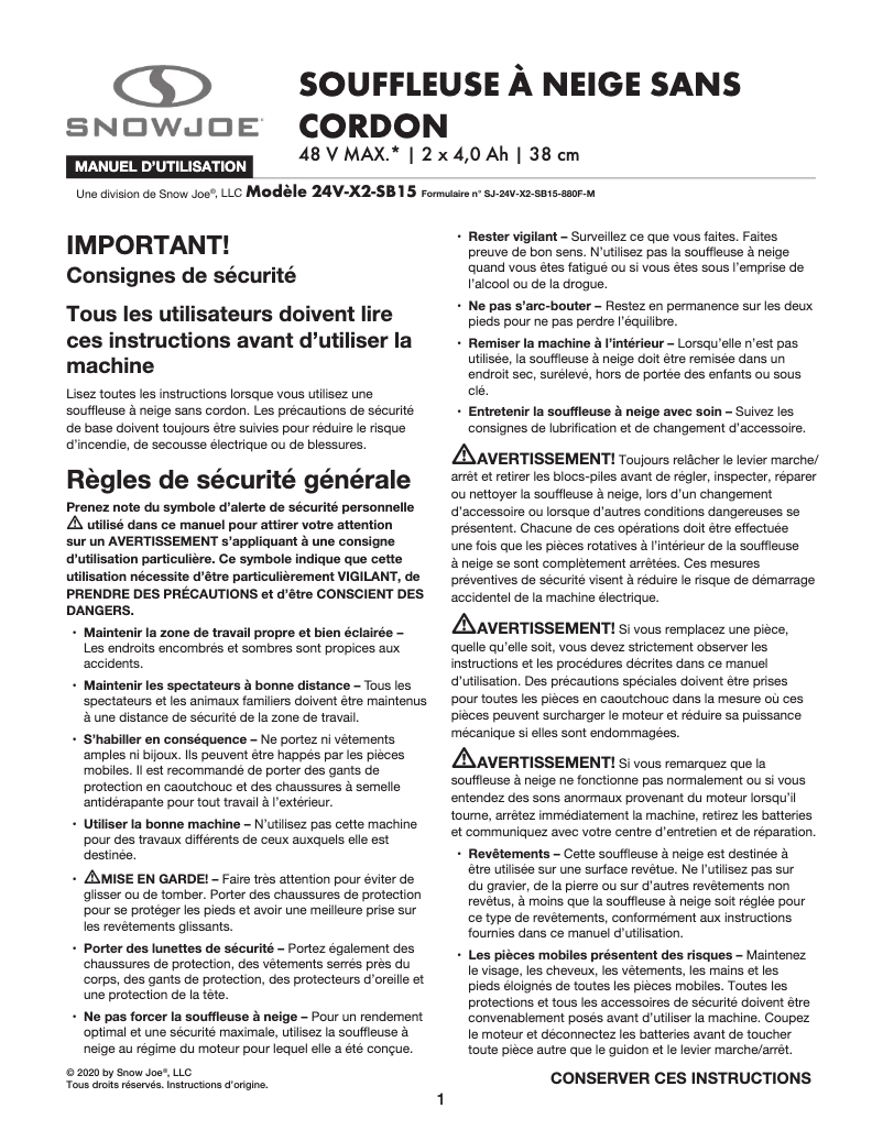 Page 1 de la notice Manuel utilisateur Snow Joe BDL-A0198