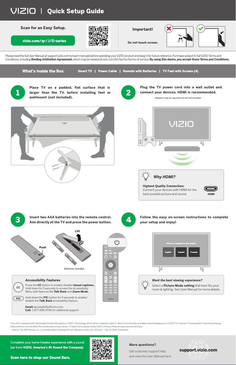 Page 1 de la notice Guide de démarrage rapide VIZIO D32h-J09