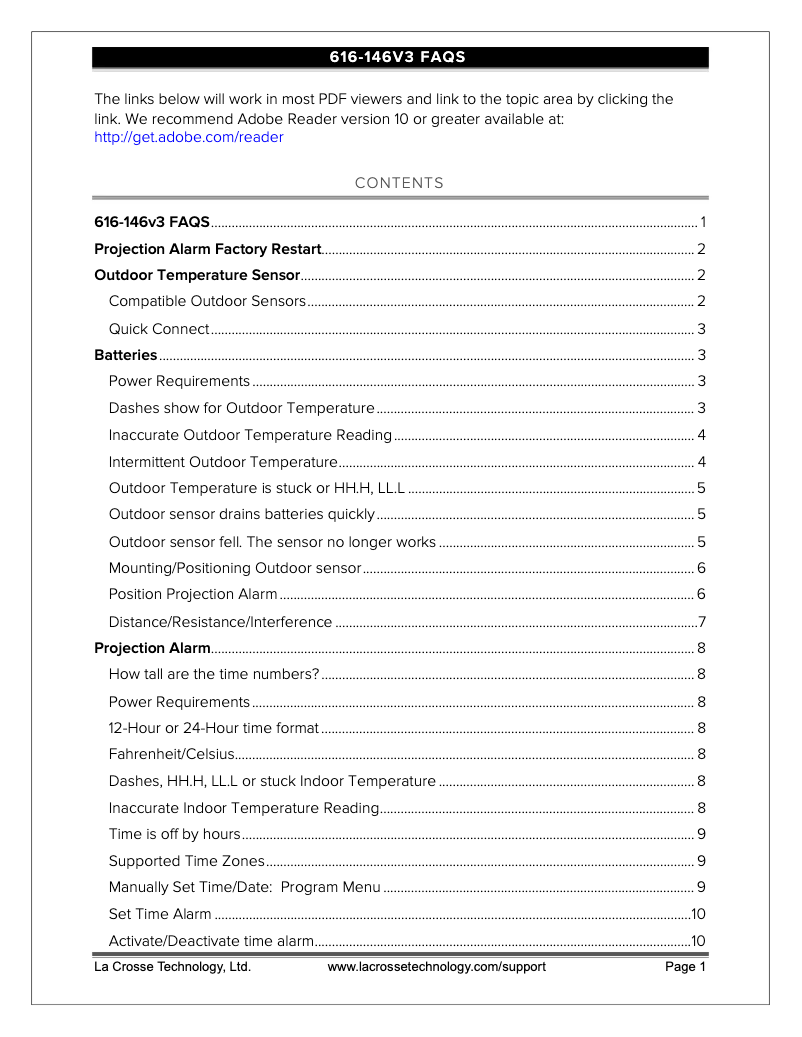 Page 1 de la notice FAQ La Crosse Technology 616-146V3