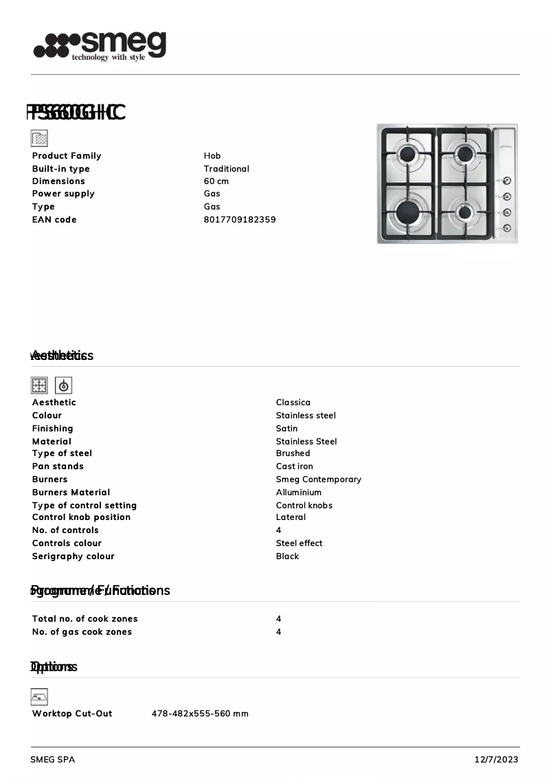 Page n°1 - Fiche technique Smeg PS60GHC