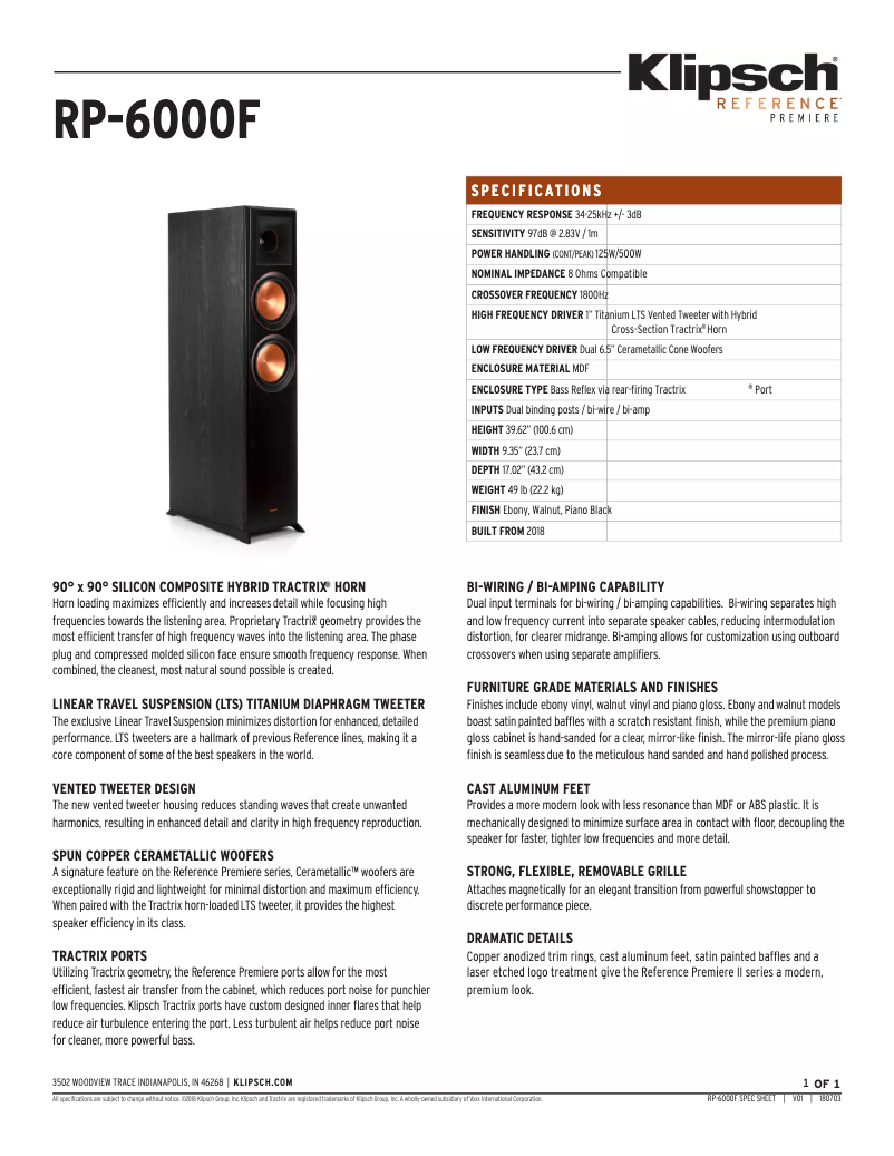 Page 1 de la notice Fiche technique Klipsch Reference Premiere RP-6000F