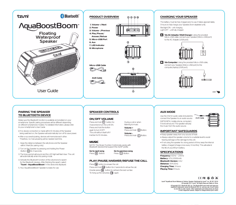 Page n°1 - Manuel utilisateur Tzumi AquaBoost Boom