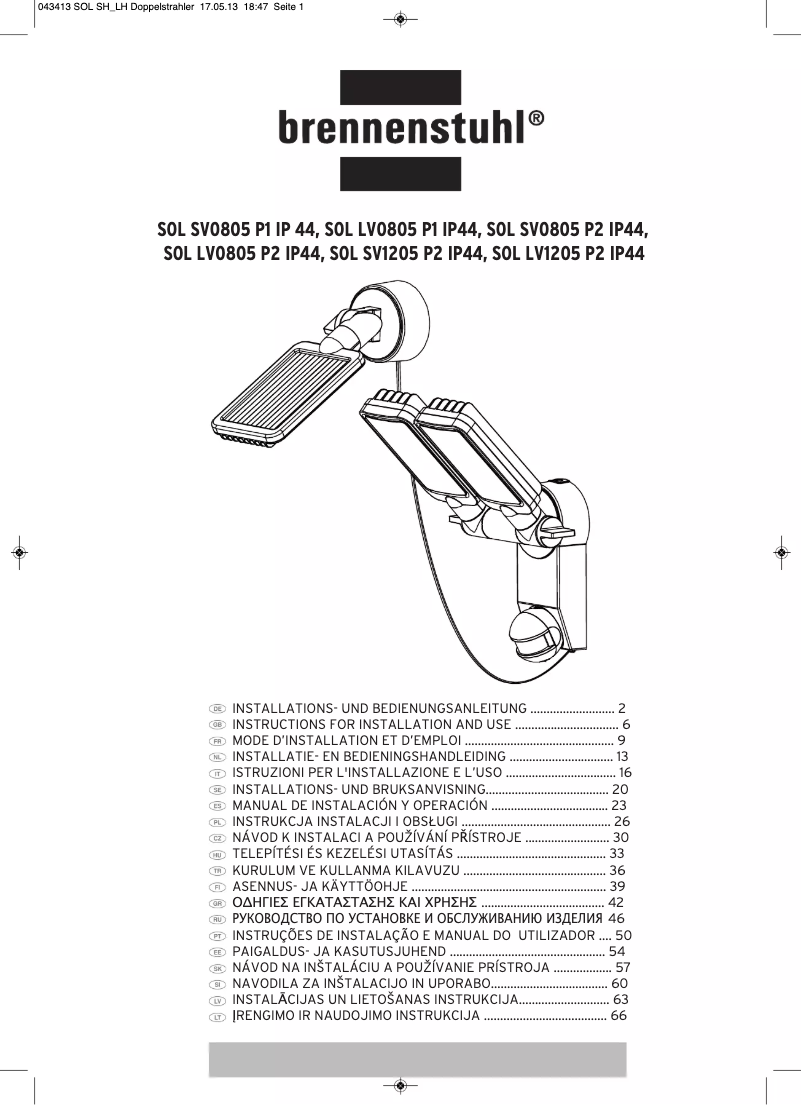 Page 1 de la notice Manuel utilisateur Brennenstuhl SOL SV0805 P1