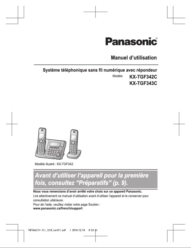 Page 1 de la notice Manuel utilisateur Panasonic KX-TGF342
