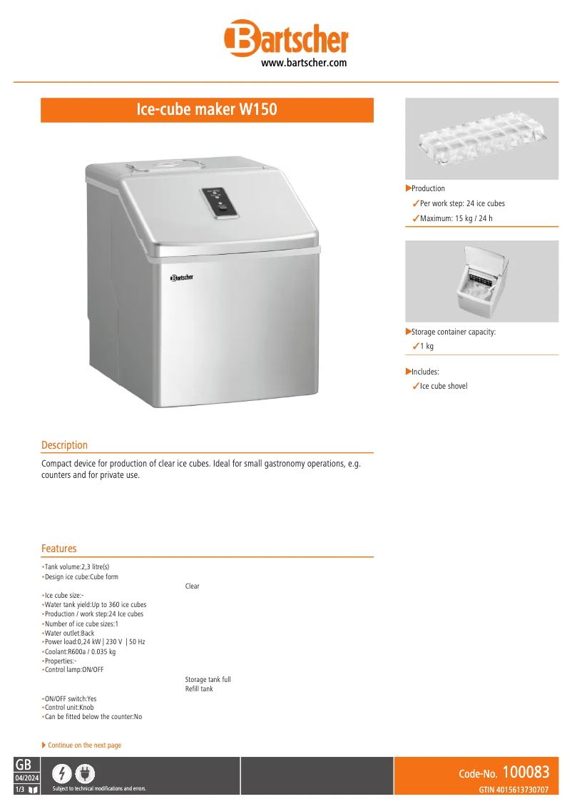 Página 1 del manual Ficha técnica Bartscher W150